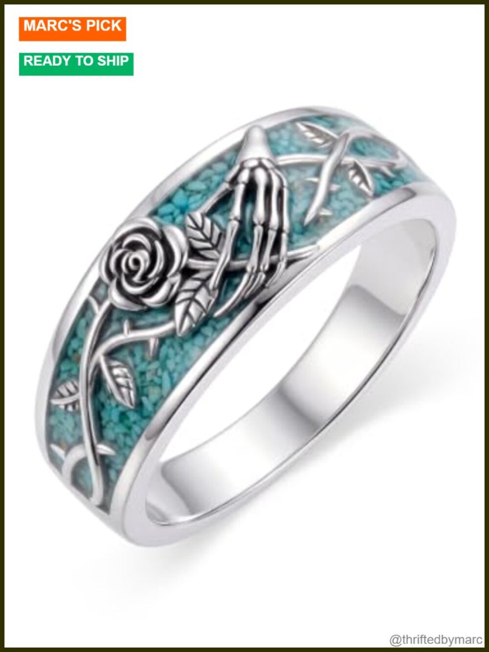 925 Sterling Silver Turquoise Skull Ring Gothic Band